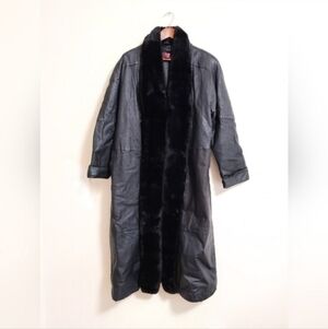 Vintage Long Leather Oversized Coat with Faux Fur Trim